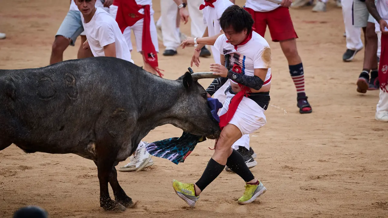 Festejo de vacas en la plaza de toros tras el segundo encierro de San Fermín 2025. PABLO LASAOSA