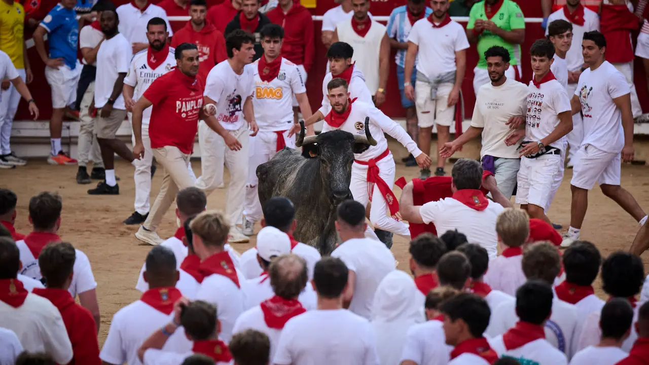 Festejo de vacas en la plaza de toros tras el segundo encierro de San Fermín 2025. PABLO LASAOSA