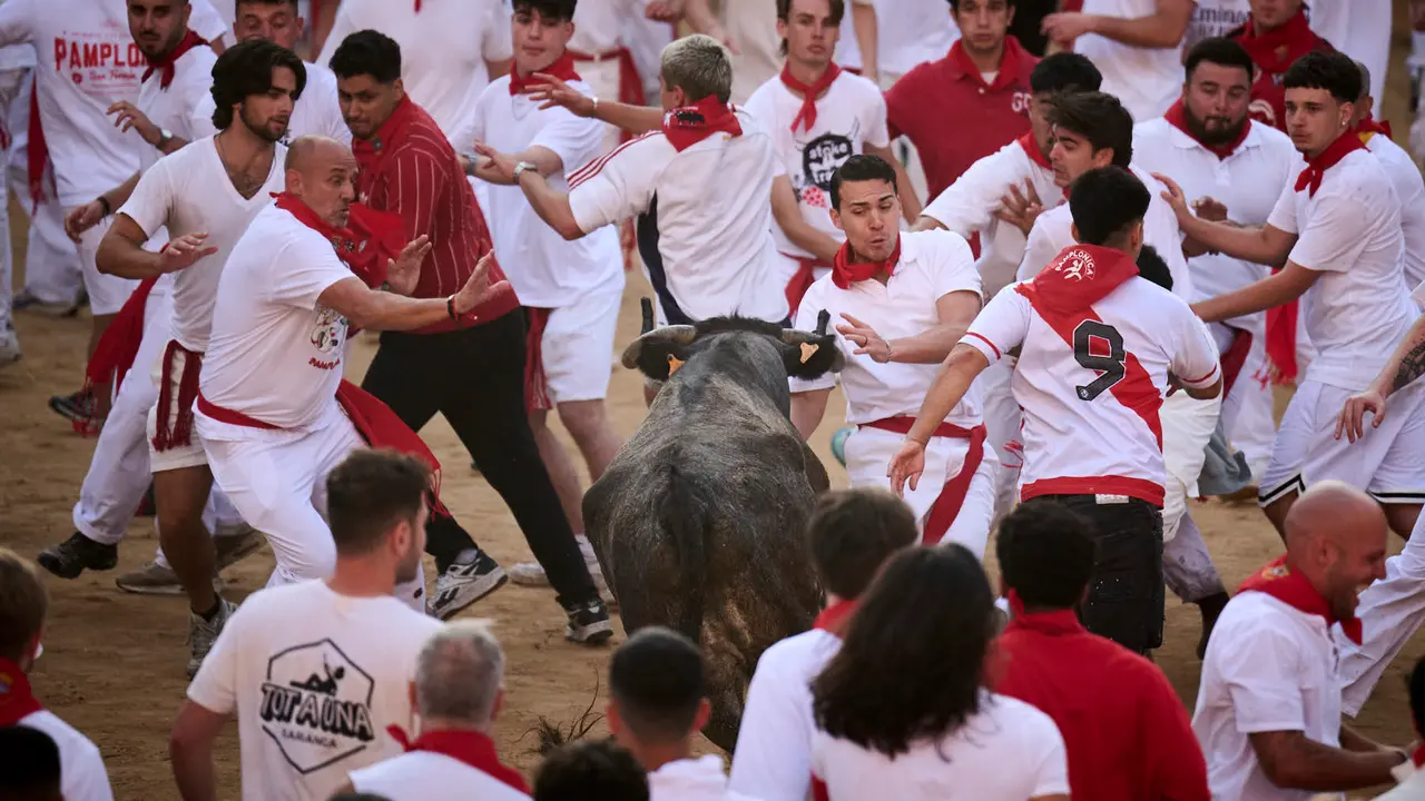 Festejo de vacas en la plaza de toros tras el segundo encierro de San Fermín 2025. PABLO LASAOSA