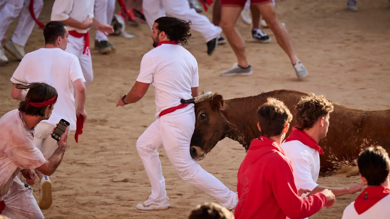 Festejo de vacas en la plaza de toros tras el segundo encierro de San Fermín 2025. PABLO LASAOSA