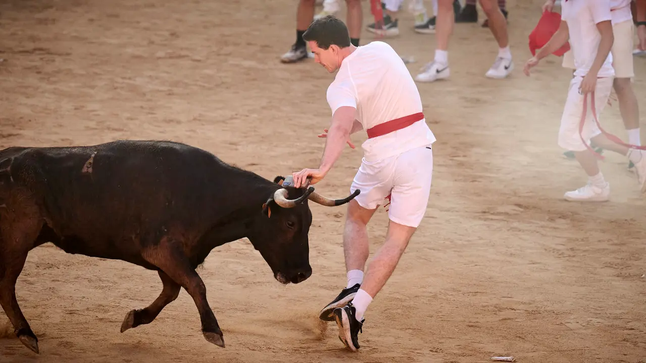 Festejo de vacas en la plaza de toros tras el segundo encierro de San Fermín 2025. PABLO LASAOSA