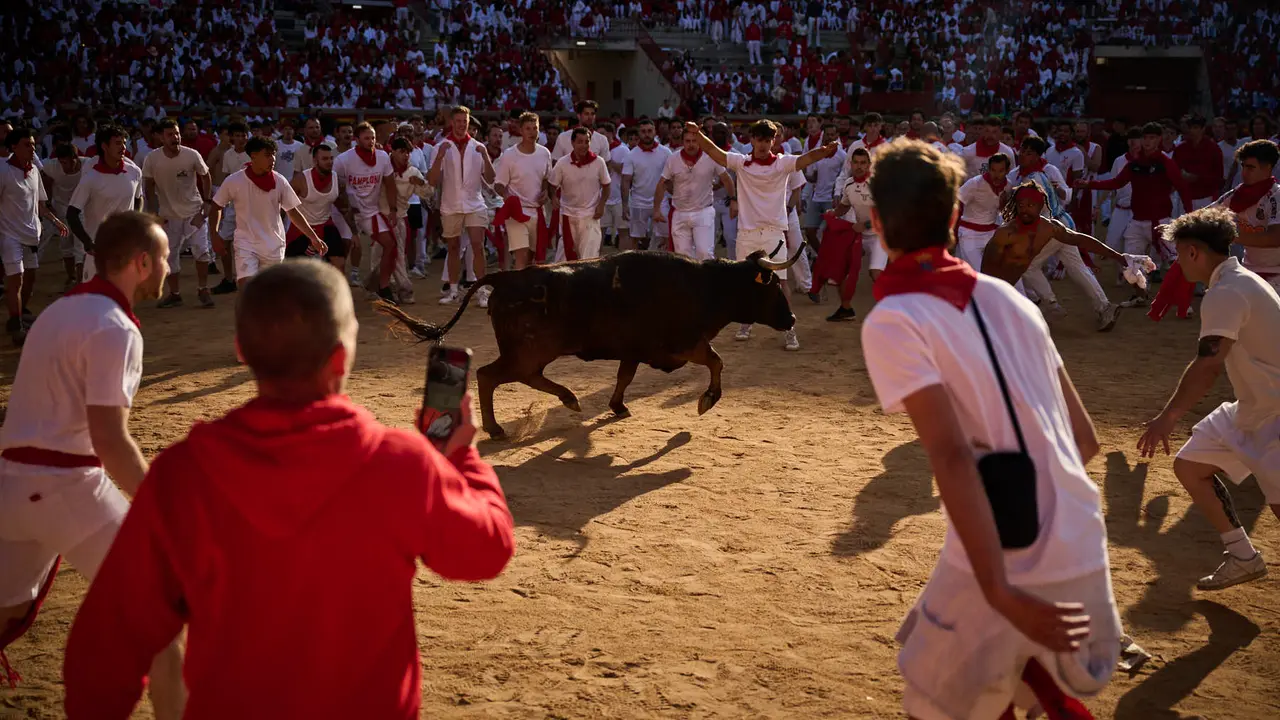 Festejo de vacas en la plaza de toros tras el segundo encierro de San Fermín 2025. PABLO LASAOSA
