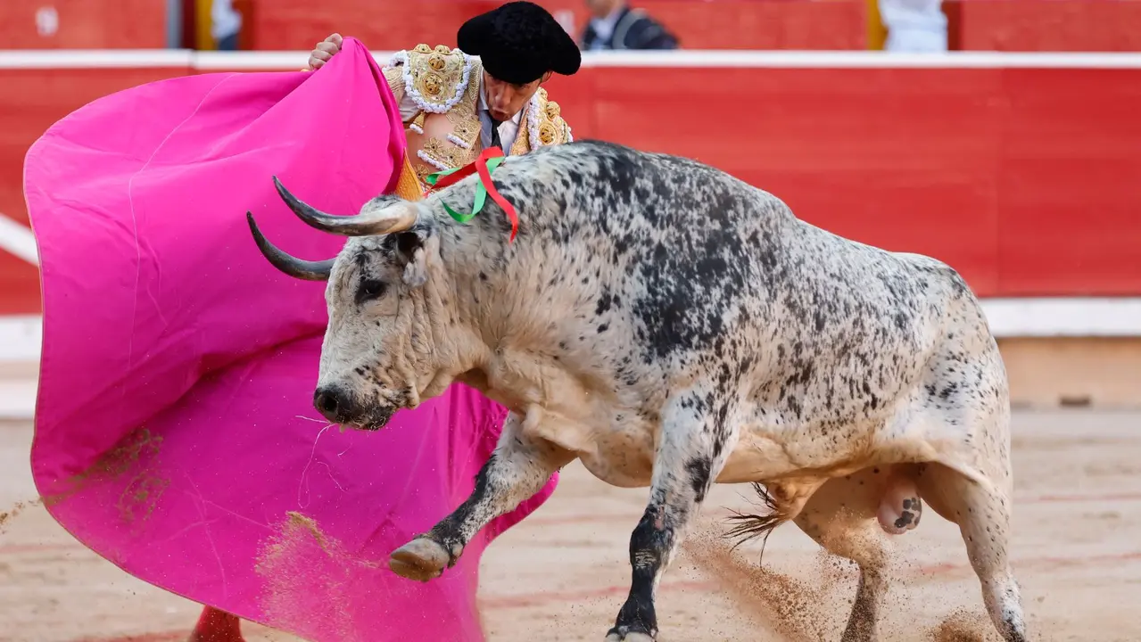 El torero Pepe Moral durante la lidia a su segundo de la tarde en la tercera de abono de la Feria de Toro de los Sanfermines 2025 con toros de la ganadería gaditana de Cebada Gago y en la que comparte cartel con los diestros Antonio Ferrera y Román. EFE/ Villar López