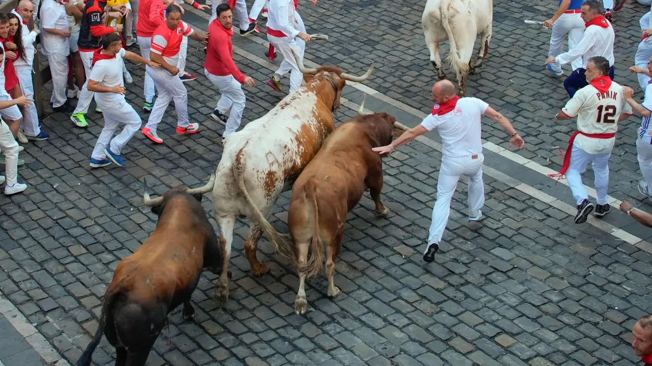 Tercer encierro de San Fermín 2025 el día 9 de julio con toros de Álvaro Núñez en la plaza del Ayuntamiento. EFE - AINHOA TEJERINA (4)