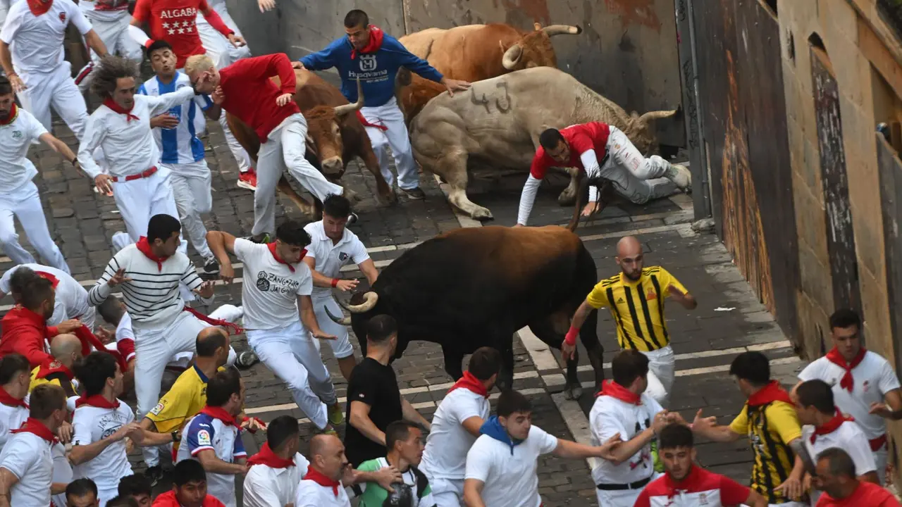 Tercer encierro de San Fermín 2025 el día 9 de julio con toros de Álvaro Núñez en Estafeta. EFE - JOSE LUIS LARRIÓN (3)
