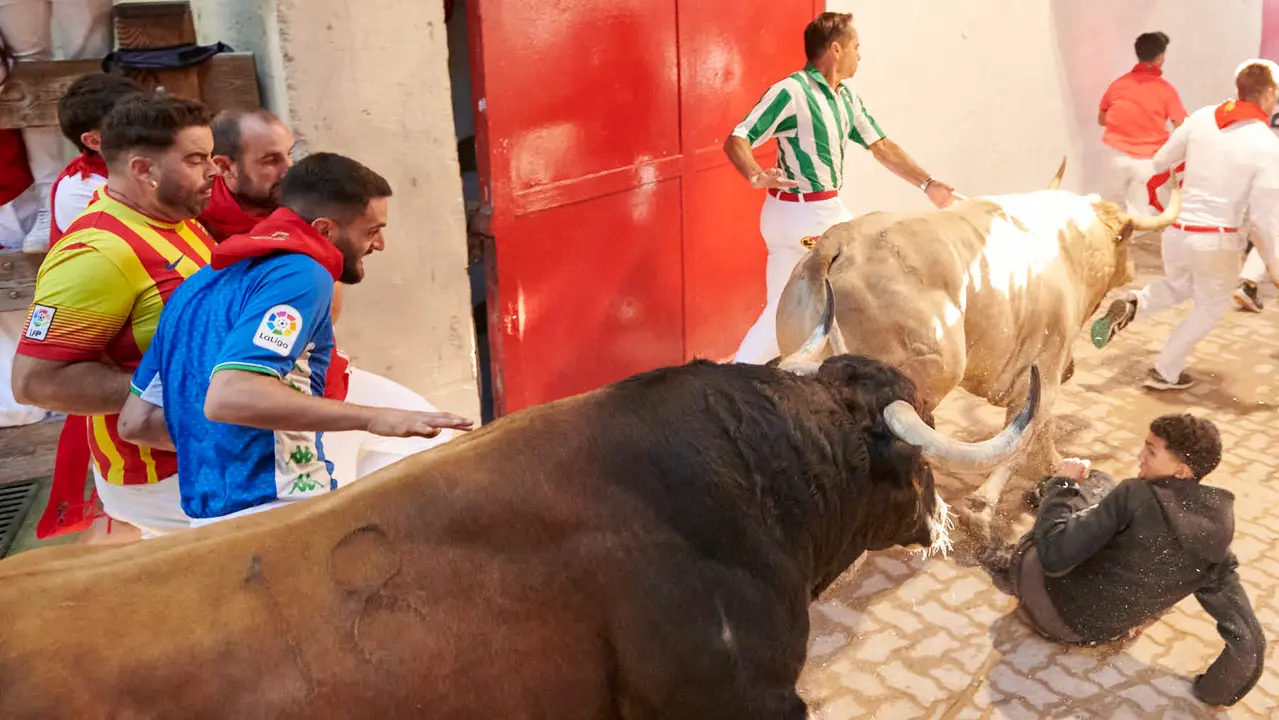 Tercer encierro de San Fermín 2025 con toros de Álvaro Nuñez en la bajada del callejón en Telefónica. IRANZU LARRASOAÑA