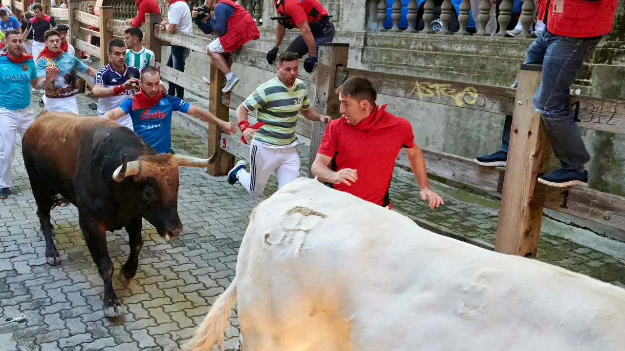 Tercer encierro de San Fermín 2025 con toros de Álvaro Nuñez en la bajada del callejón en Telefónica. IRANZU LARRASOAÑA