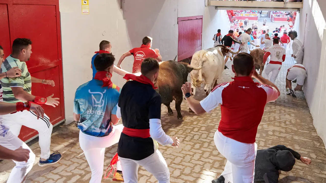 Tercer encierro de San Fermín 2025 con toros de Álvaro Nuñez en la bajada del callejón en Telefónica. IRANZU LARRASOAÑA