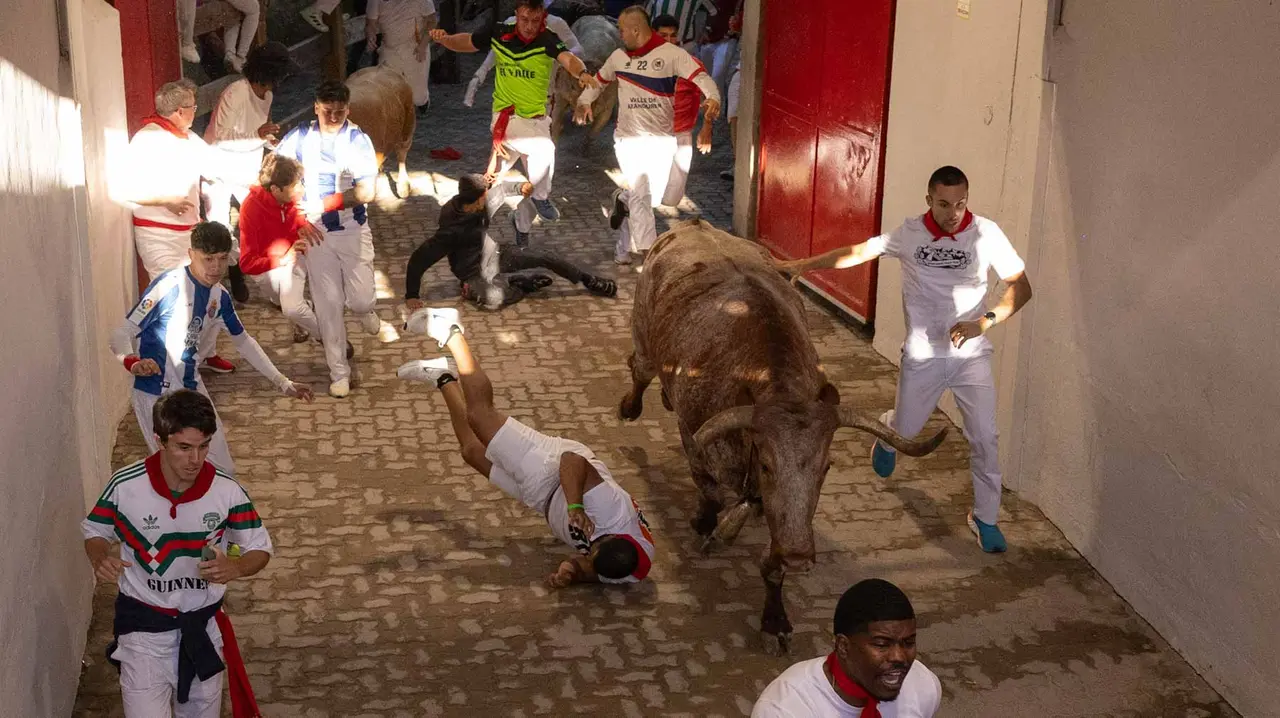 Tercer encierro de San Fermín con toros de Álvaro Núñerz en callejón plaza.. Maite H. Mateo.-03