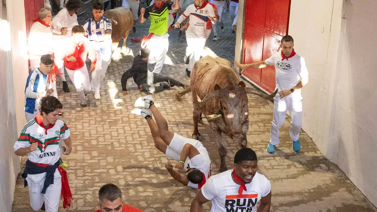 Tercer encierro de San Fermín con toros de Álvaro Núñerz en callejón plaza.. Maite H. Mateo.-02