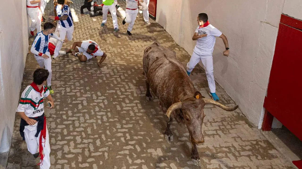 Tercer encierro de San Fermín con toros de Álvaro Núñerz en callejón plaza.. Maite H. Mateo.-06
