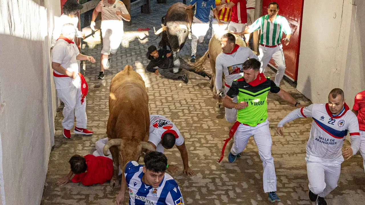 Tercer encierro de San Fermín con toros de Álvaro Núñerz en callejón plaza.. Maite H. Mateo.-10