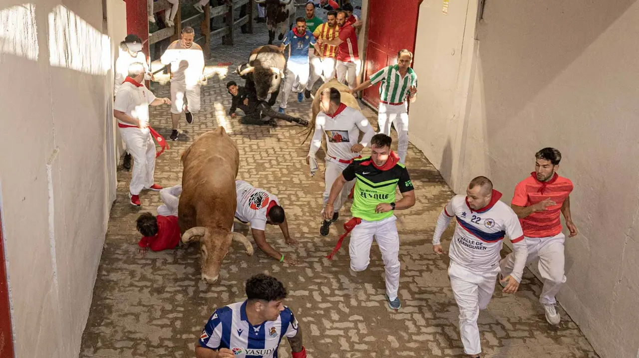 Tercer encierro de San Fermín con toros de Álvaro Núñerz en callejón plaza.. Maite H. Mateo.-11