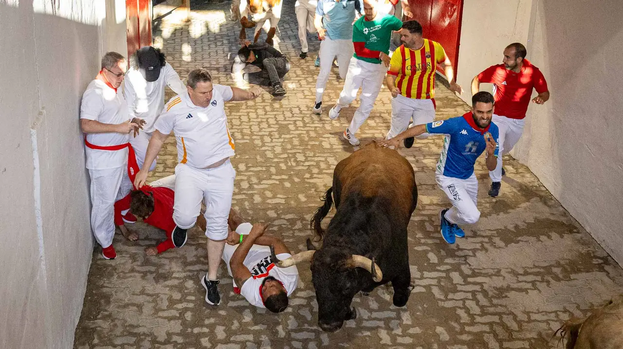 Tercer encierro de San Fermín con toros de Álvaro Núñerz en callejón plaza.. Maite H. Mateo.-15
