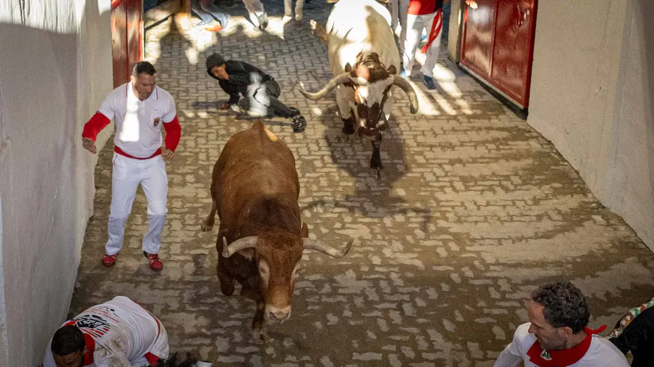 Tercer encierro de San Fermín con toros de Álvaro Núñerz en callejón plaza.. Maite H. Mateo.-22