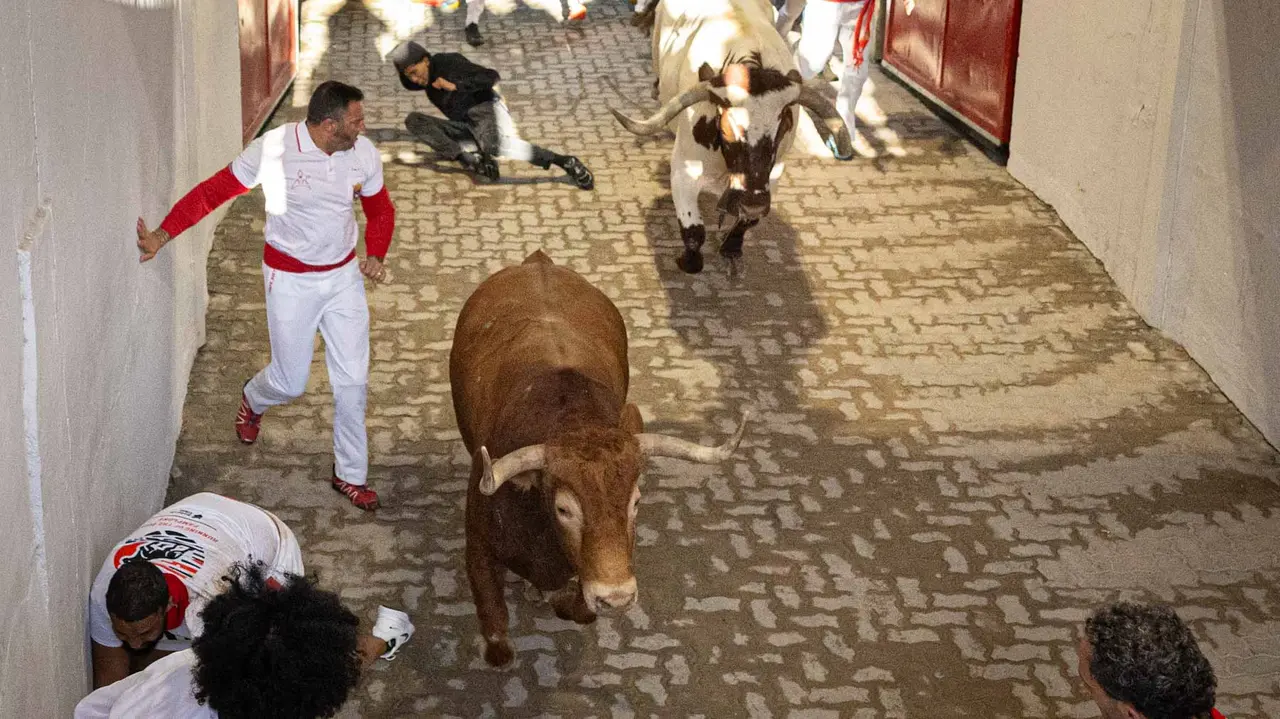 Tercer encierro de San Fermín con toros de Álvaro Núñerz en callejón plaza.. Maite H. Mateo.-23