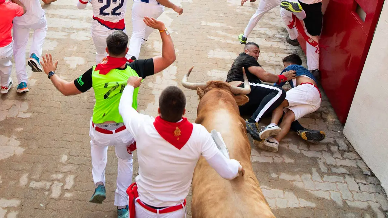 Tercer encierro de San Fermín con toros de Álvaro Núñerz en callejón plaza.. Maite H. Mateo.-14