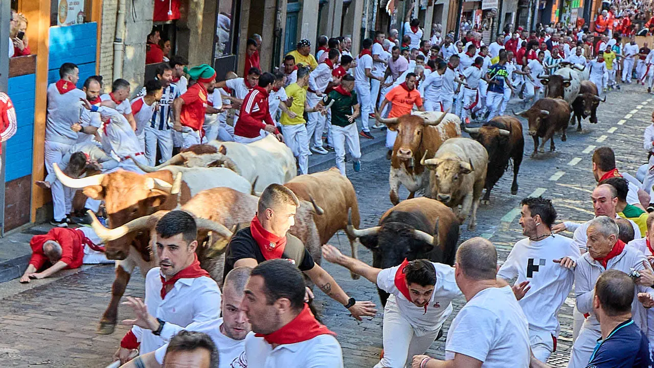Tercer encierro de San Fermín 2025 con toros de Álvaro Núñez en el tramo de Santo Domingo. IÑIGO ALZUGARAY