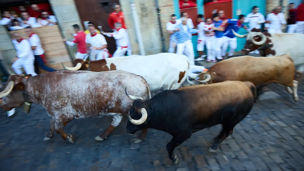 Tercer encierro de San Fermín 2025 con toros de Álvaro Núñez en el tramo de Santo Domingo. IÑIGO ALZUGARAY