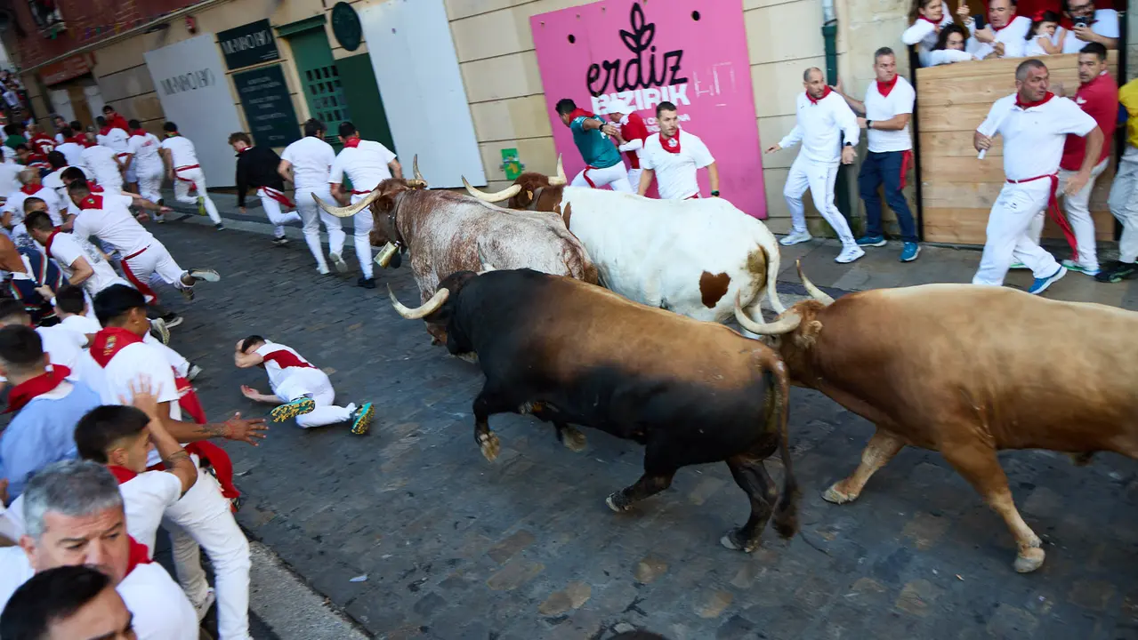 Tercer encierro de San Fermín 2025 con toros de Álvaro Núñez en el tramo de Santo Domingo. IÑIGO ALZUGARAY