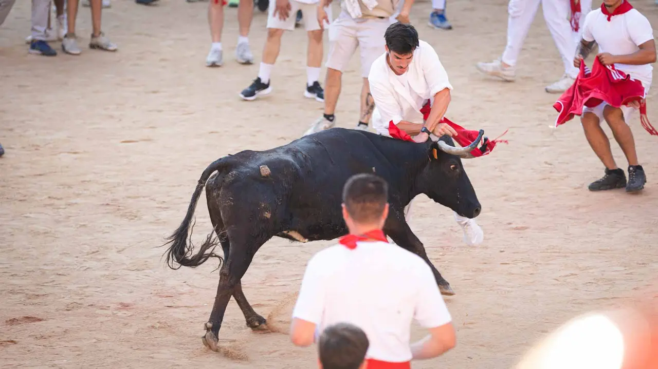 Suelta de vaquillas tras el tercer encierro de San Fermín en Pamplona.. Maite H. Mateo.-36