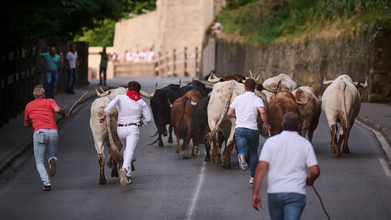 Encierrillo con los toros de Victoriano del Río durante San Fermín 2025. PABLO LASAOSA