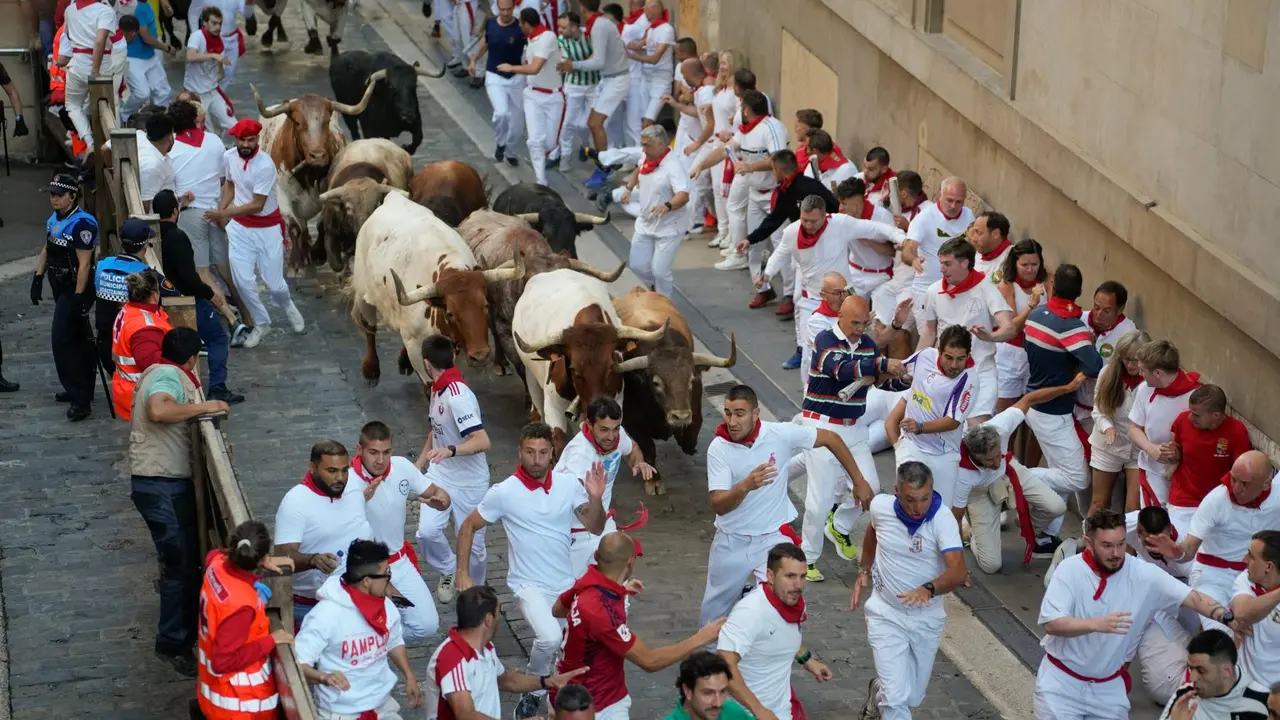 Cuarto encierro de San Fermín 2025 el día 10 de julio con toros de Victoriano del Río en Santo Domingo. EFE - AINHOA TEJERINA (2)