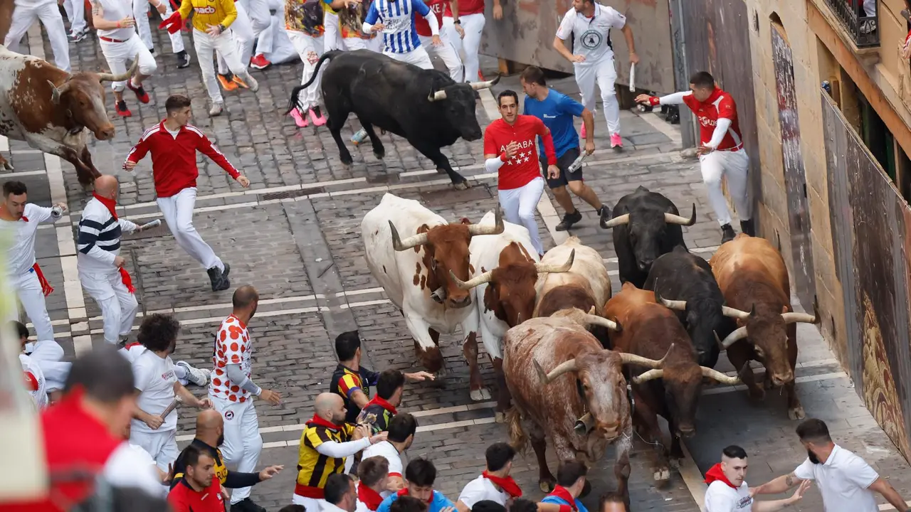 Cuarto encierro de San Fermín 2025 el día 10 de julio con toros de Victoriano del Río en Estafeta. EFE - VILLAR LÓPEZ (4)