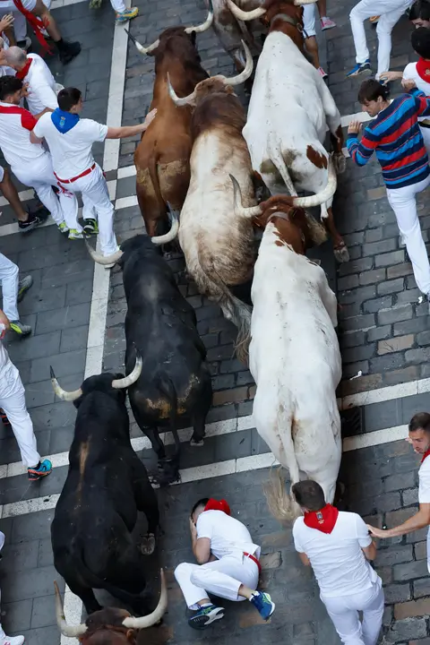 Cuarto encierro de San Fermín 2025 el día 10 de julio con toros de Victoriano del Río en Estafeta. EFE - VILLAR LÓPEZ (3)