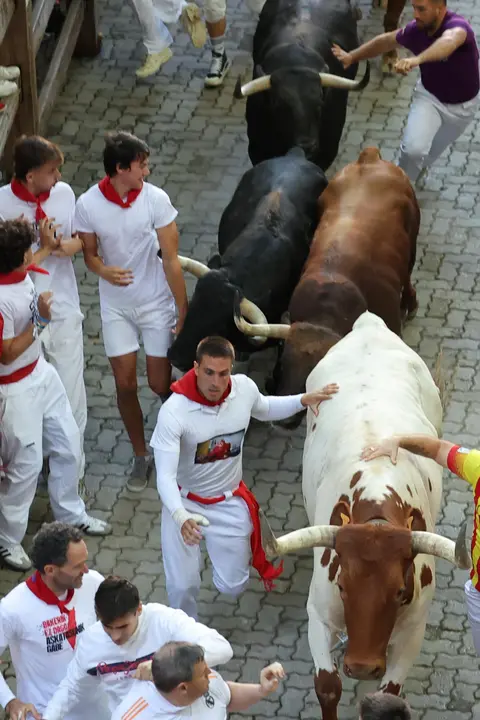 Cuarto encierro de San Fermín 2025 el día 10 de julio con toros de Victoriano del Río en la bajada al callejón. EFE - J.P. URDIROZ (5)