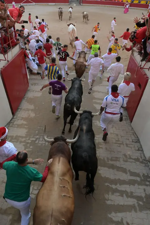 Cuarto encierro de San Fermín 2025 el día 10 de julio con toros de Victoriano del Río en el callejón. EFE - JOSE LUIS LARRIÓN (3)