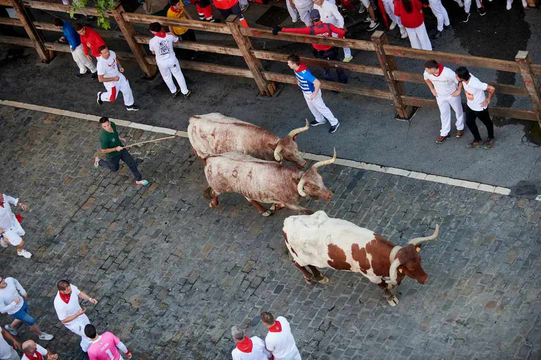 Cuarto encierro de San Fermín 2025 con toros de Victoriano del Río desde Telefónica. IRANZU LARRASOAÑA