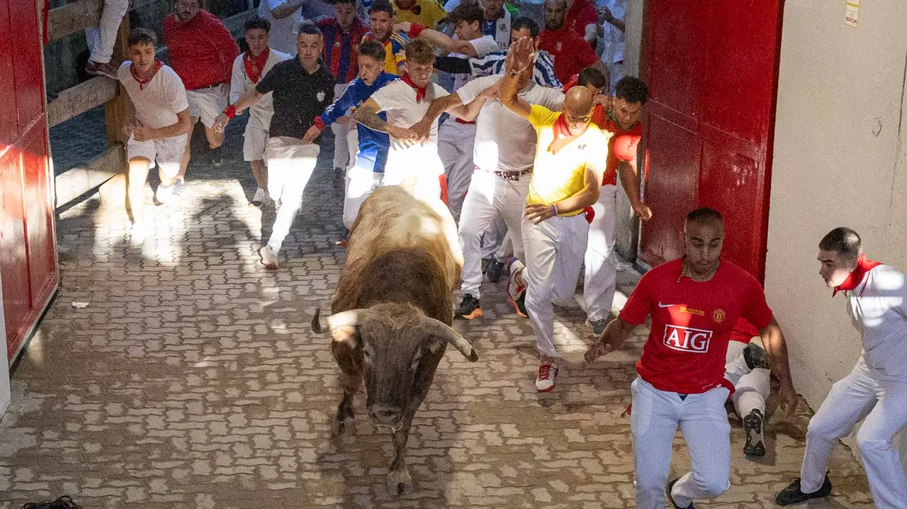 Cuarto encierro de San Fermín con toros de Victoriano del Río en callejón plaza. Maite H. Mateo.-08