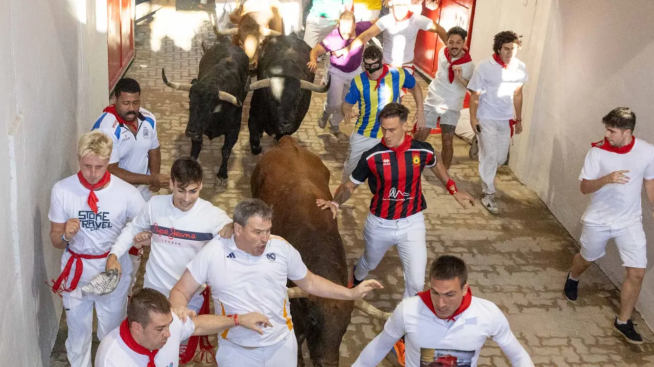 Cuarto encierro de San Fermín con toros de Victoriano del Río en callejón plaza. Maite H. Mateo.-12