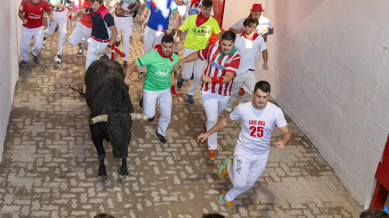 Cuarto encierro de San Fermín con toros de Victoriano del Río en callejón plaza. Maite H. Mateo.-21