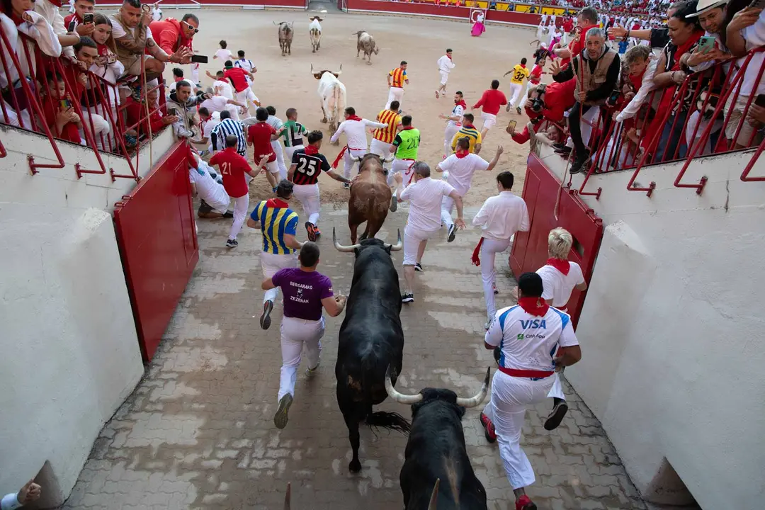 Cuarto encierro de San Fermín con toros de Victoriano del Río en callejón plaza. Maite H. Mateo.-2