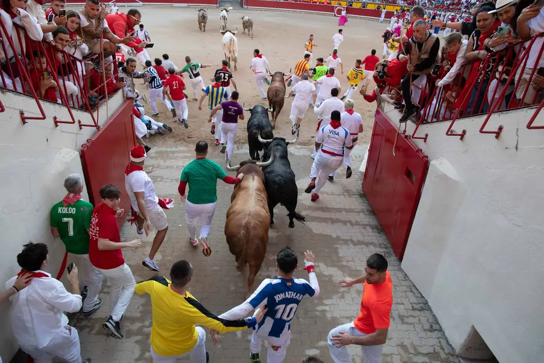 Cuarto encierro de San Fermín con toros de Victoriano del Río en callejón plaza. Maite H. Mateo.-3