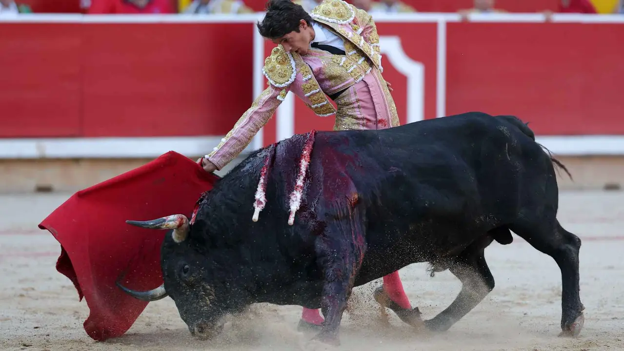 El torero Sebastián Castella recibe con el capote a su segundo toro de la tarde en la sexta de abono de la Feria de Toro de los Sanfermines 2025 con toros de la ganadería madrileña de Victoriano del Río Cortés y en la que comparte cartel con los diestros Emilio de Justo y Borja Jiménez. EFE/J.P. Urdíroz
