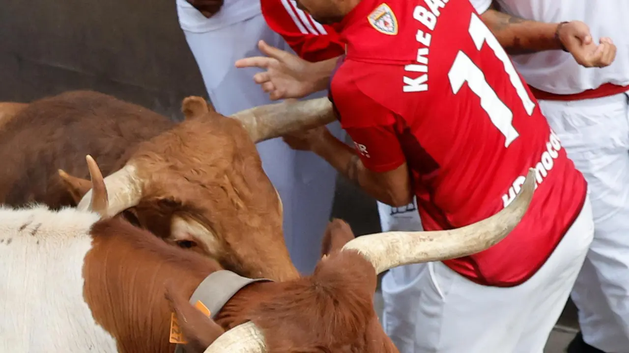 Quinto encierro de San Fermín 2025 el día 11 de julio con toros de Jandilla en Santo Domingo. EFE - VILLAR LÓPEZ