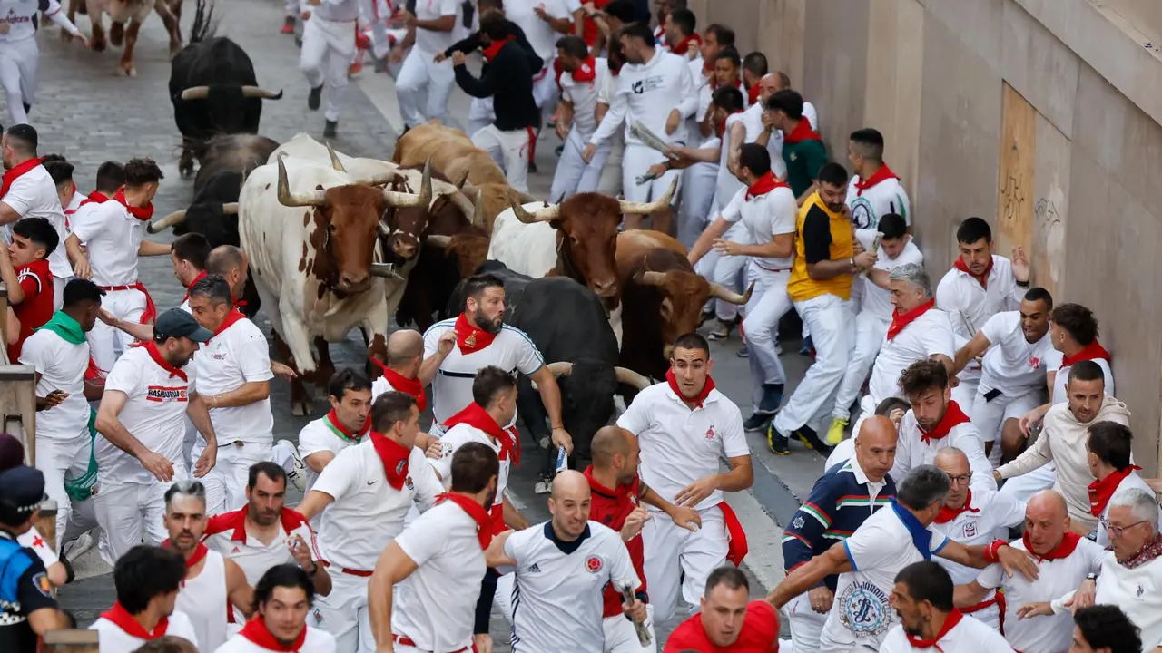 Quinto encierro de San Fermín 2025 el día 11 de julio con toros de Jandilla en Santo Domingo. EFE - VILLAR LÓPEZ (1)