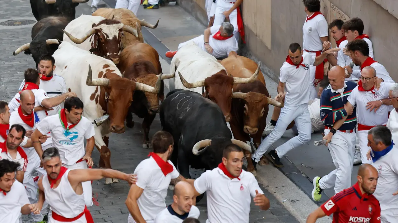 Quinto encierro de San Fermín 2025 el día 11 de julio con toros de Jandilla en Santo Domingo. EFE - VILLAR LÓPEZ (2)