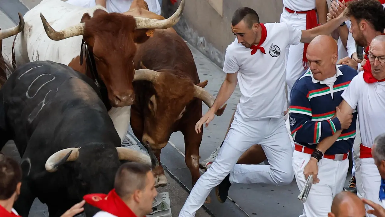 Quinto encierro de San Fermín 2025 el día 11 de julio con toros de Jandilla en Santo Domingo. EFE - VILLAR LÓPEZ (3)
