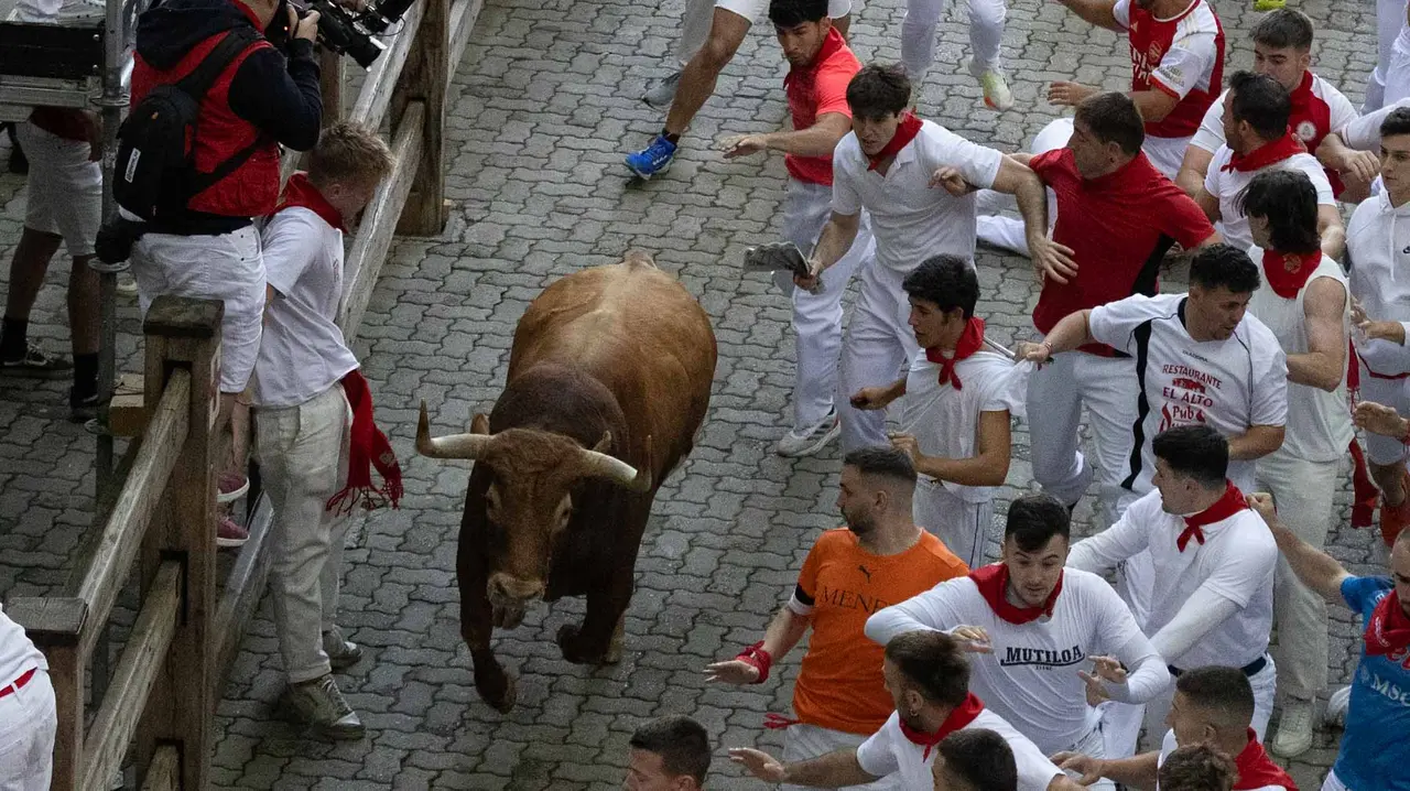 Quinto encierro de San Fermín con toros de Jandilla en bajada del callejón. Maite H. Mateo..-02