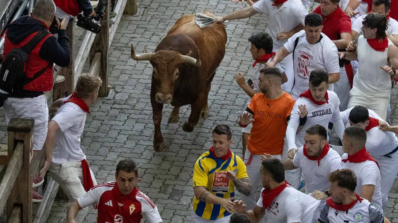Quinto encierro de San Fermín con toros de Jandilla en bajada del callejón. Maite H. Mateo..-03