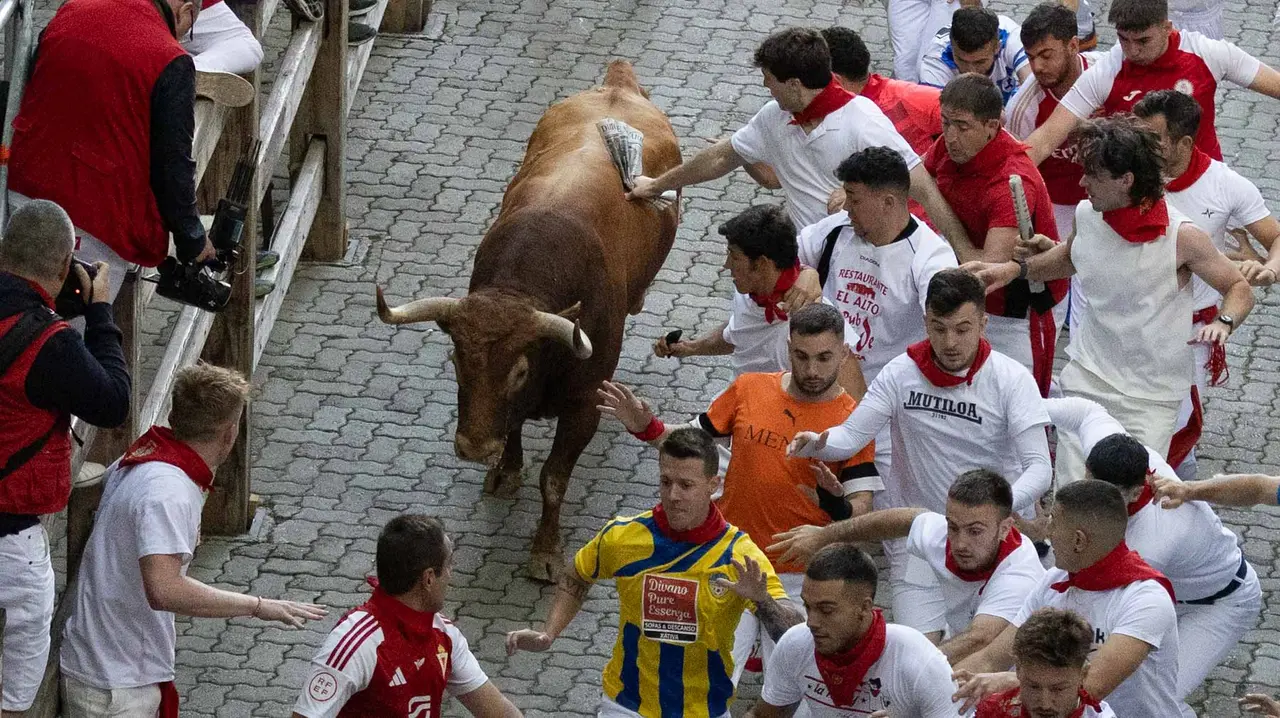 Quinto encierro de San Fermín con toros de Jandilla en bajada del callejón. Maite H. Mateo..-04