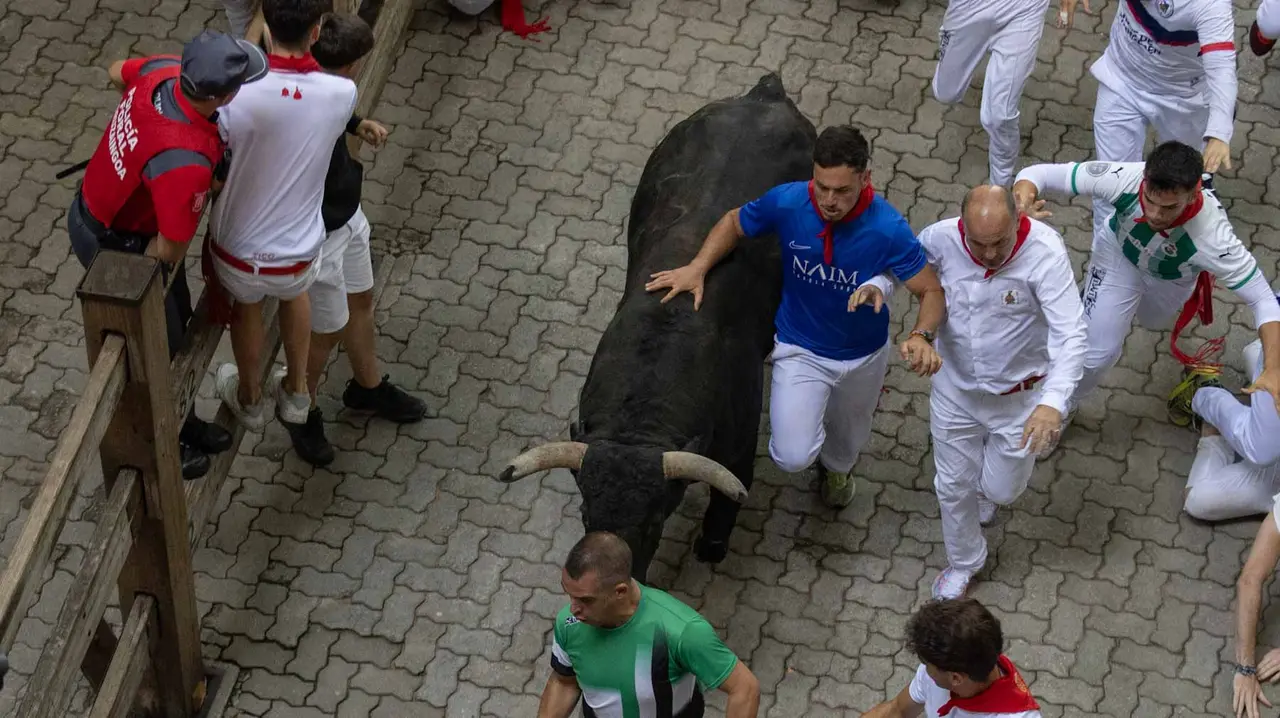 Quinto encierro de San Fermín con toros de Jandilla en bajada del callejón. Maite H. Mateo..-10