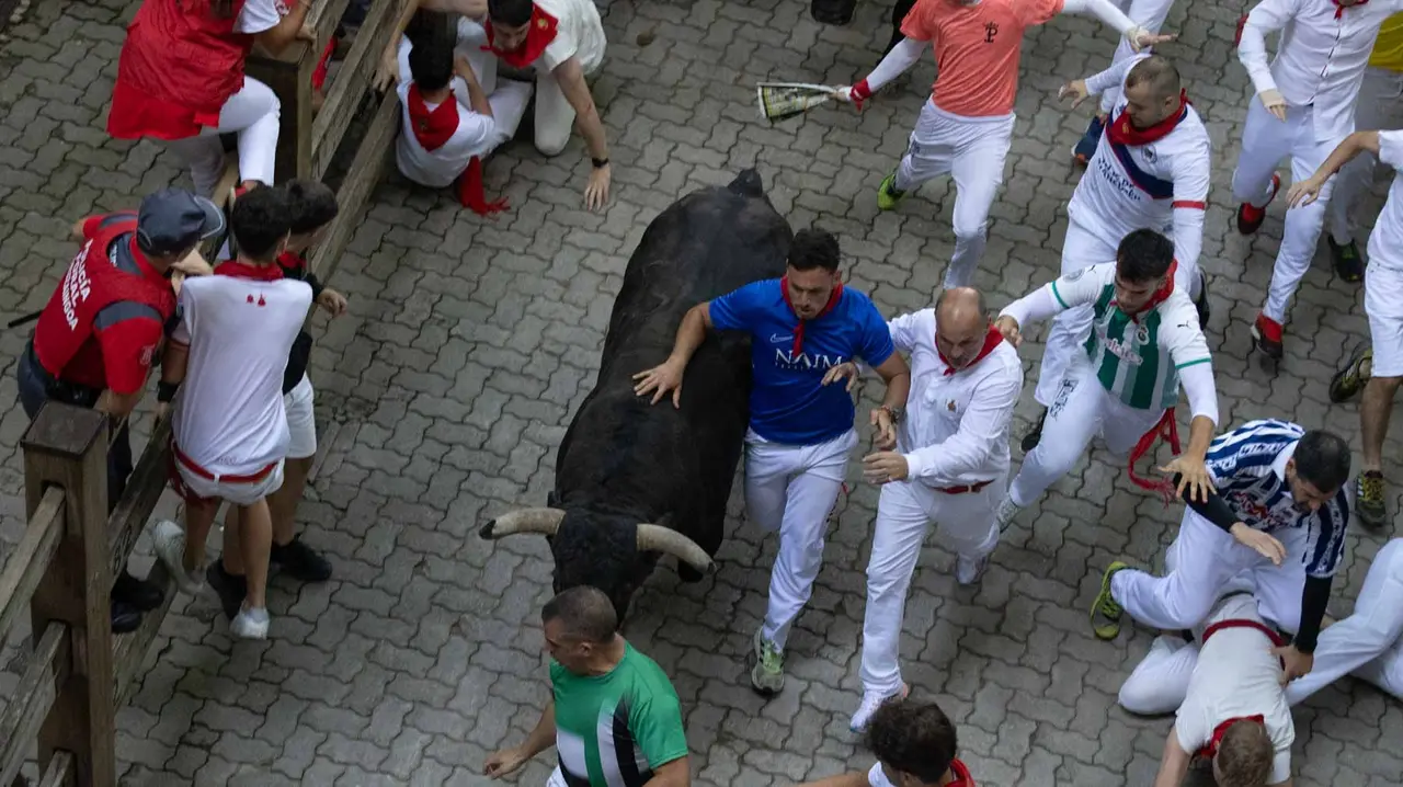 Quinto encierro de San Fermín con toros de Jandilla en bajada del callejón. Maite H. Mateo..-11