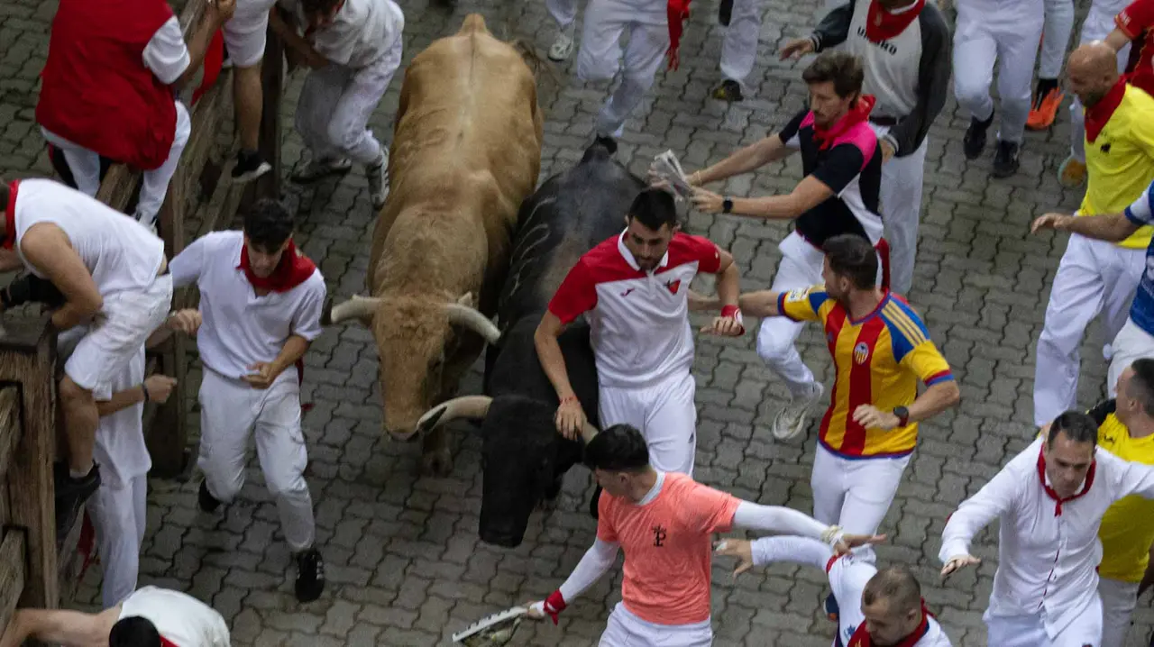 Quinto encierro de San Fermín con toros de Jandilla en bajada del callejón. Maite H. Mateo..-12