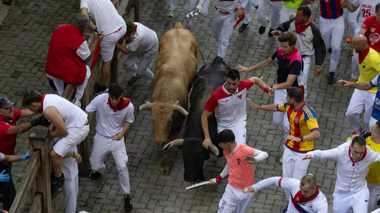 Quinto encierro de San Fermín con toros de Jandilla en bajada del callejón. Maite H. Mateo..-13
