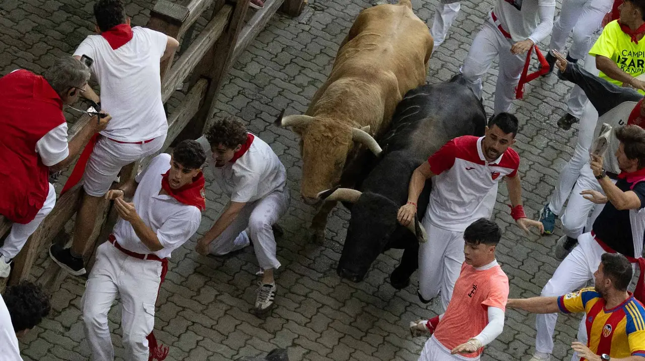 Quinto encierro de San Fermín con toros de Jandilla en bajada del callejón. Maite H. Mateo..-18